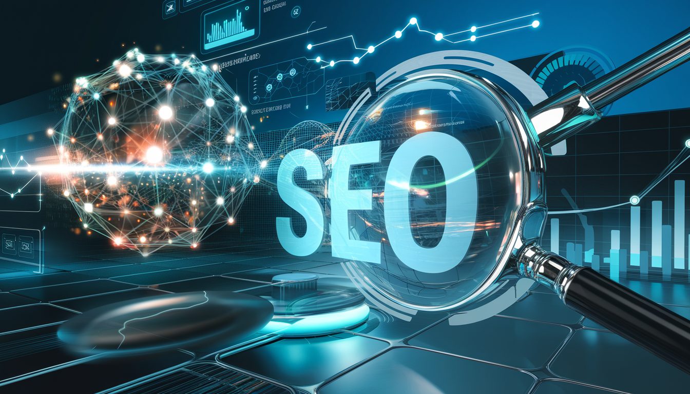 A futuristic digital landscape illustrating AI-driven SEO automation with abstract networks, digital gears, and data streams in vibrant electric blues, oranges, and whites.