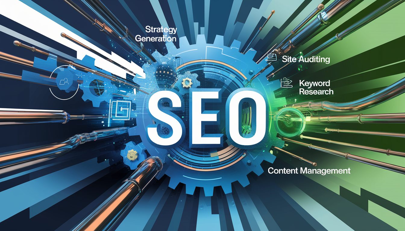 Futuristic digital workspace depicting AI-driven SEO automation with interconnected nodes and digital pathways in vibrant blues, greens, and metallics.